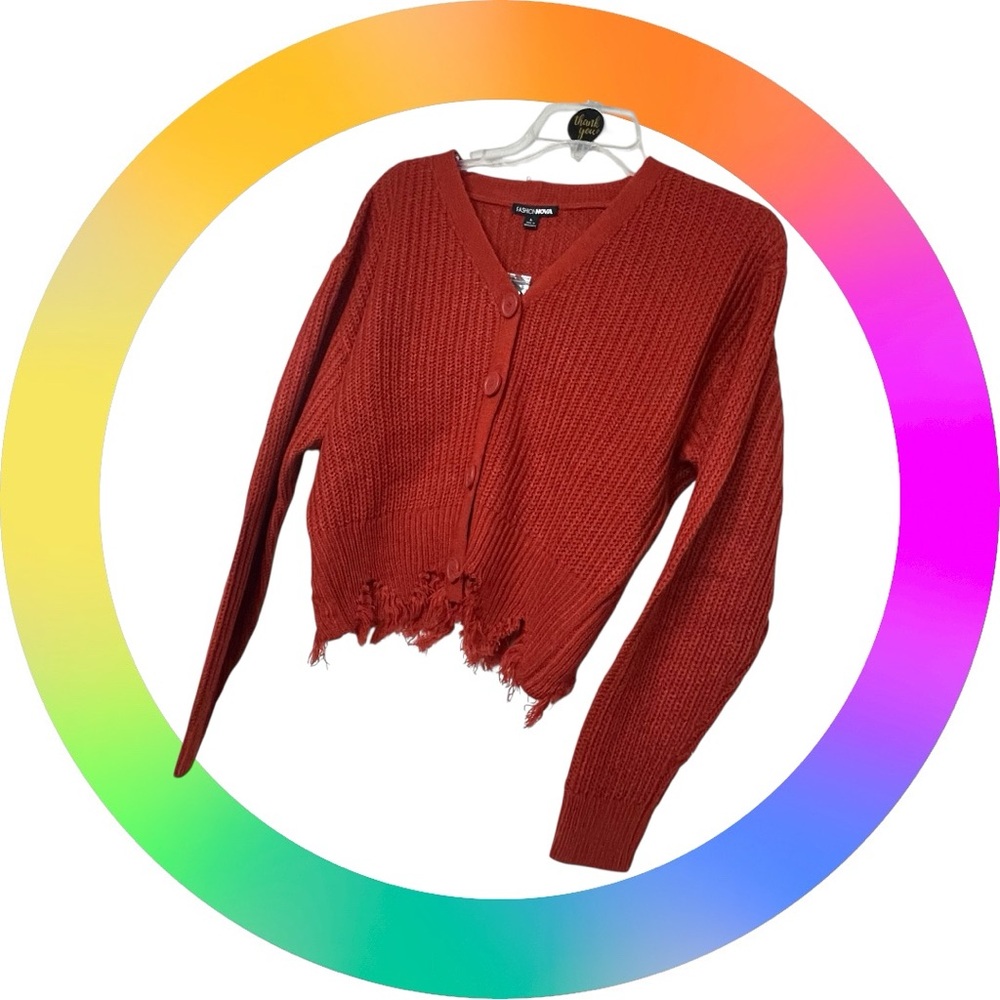 Fashion Nova Rust Frayed Hem Crop Cardigan
‎ Sz Large- Perfect accent ~ casual